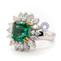 Green Asscher CZ Stone Sunburst Halo Womens Ring