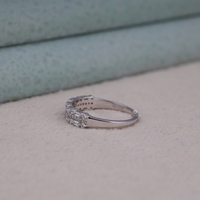 Silver ring with diamonds on a light background, Minimalist Moissanite Wedding Jewelry, Dainty Moissanite Eternity Band, Conflict Free Moissanite Half Eternity Ring