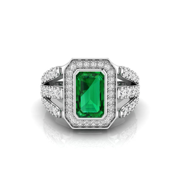 Emerald CZ Stone Bezel Set Halo Three Shank Ring