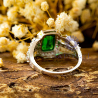 Emerald CZ Stone Bezel Set Halo Three Shank Ring