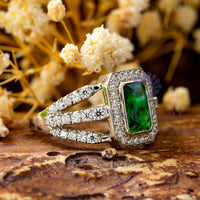 Emerald CZ Stone Bezel Set Halo Three Shank Ring