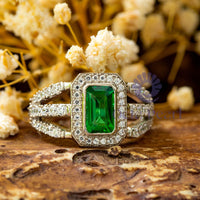 Emerald CZ Stone Bezel Set Halo Three Shank Ring