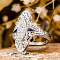 Round CZ Stone Openwork Art Deco Navette Ring