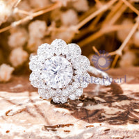 Round Moissanite Floral Halo Ring For Engagement