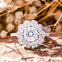 Round Moissanite Floral Halo Ring For Engagement