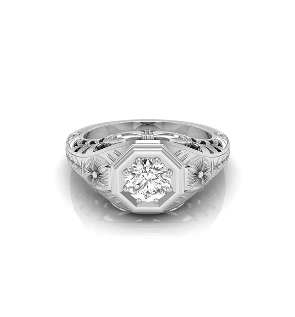 Round Moissanite Floral Motif Art Deco Solitaire Ring