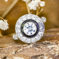 Old European Cut Moissanite With Black Enamel Milgrain Halo Art Deco Wedding Ring