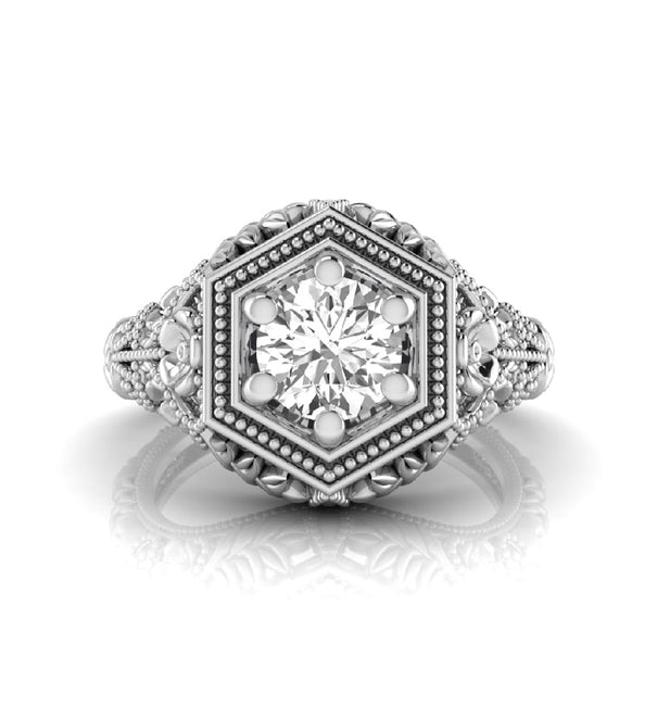 Round Moissanite Solitaire Filigree Art Deco Ring