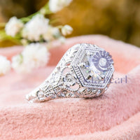 Round Moissanite Solitaire Filigree Art Deco Ring