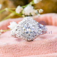 Round Moissanite Solitaire Filigree Art Deco Ring