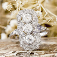 Old European Cut Moissanite Milgrain Bezel Set Art Deco Three Stone Ring