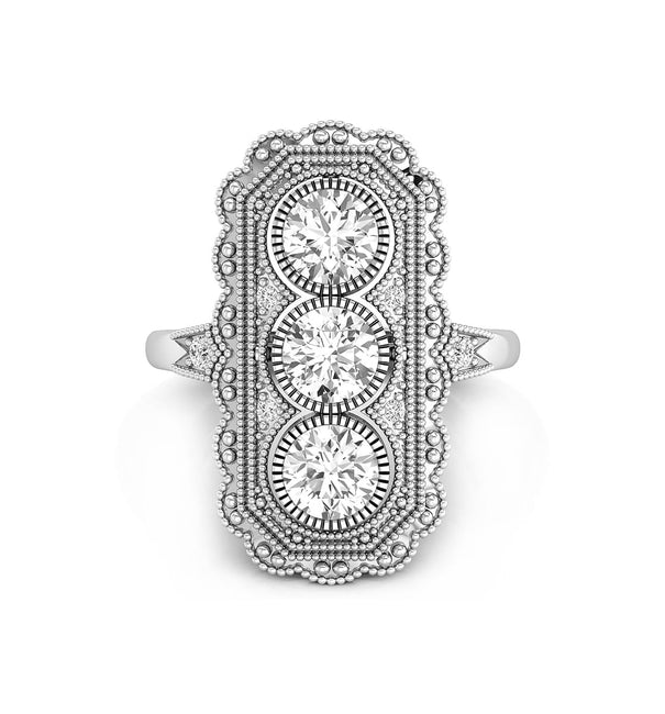 Old European Cut Moissanite Milgrain Bezel Set Art Deco Three Stone Ring