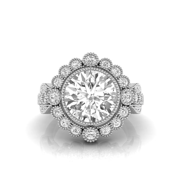 Round Cut Moissanite Milgrain Bezel Set Halo Ring