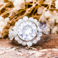 Round Cut Moissanite Milgrain Bezel Set Halo Ring