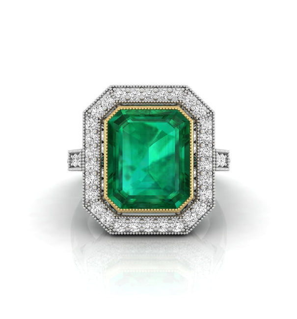 Emerald Cut CZ Stone Bezel Set Halo Wedding Ring