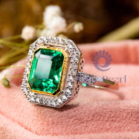 Emerald Cut CZ Stone Bezel Set Halo Wedding Ring