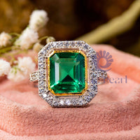 Emerald Cut CZ Stone Bezel Set Halo Wedding Ring