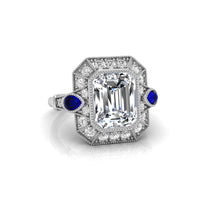 Emerald & Pear CZ Stone Milgrain Halo Art Deco Ring