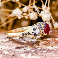 Red Round CZ Stone Two Skull Ring For Halloween