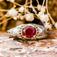 Red Round CZ Stone Two Skull Ring For Halloween