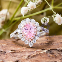 Pink Pear CZ Stone Double Halo Split Shank Ring