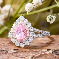 Pink Pear CZ Stone Double Halo Split Shank Ring