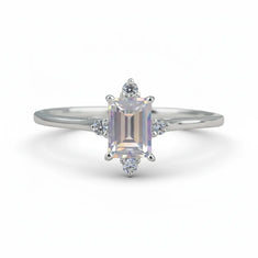 Baguette Rainbow Moonstone & Diamond Accent Ring – Silver Band