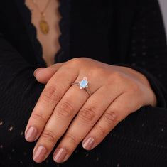 Baguette Rainbow Moonstone & Diamond Accent Ring – Silver Band - alternate view