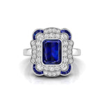 Blue Emerald Cut CZ Stone Bezel Set Double Halo Ring