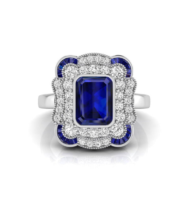 Blue Emerald Cut CZ Stone Bezel Set Double Halo Ring