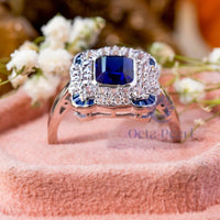 Blue Emerald Cut CZ Stone Bezel Set Double Halo Ring