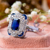 Blue Emerald Cut CZ Stone Bezel Set Double Halo Ring