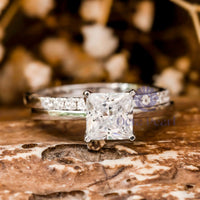 Princess Moissanite Solitaire Wedding Bridal Ring Set