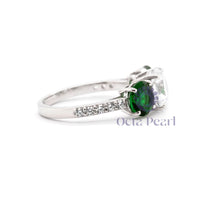 Green & White Round CZ Three Stone Wedding Ring