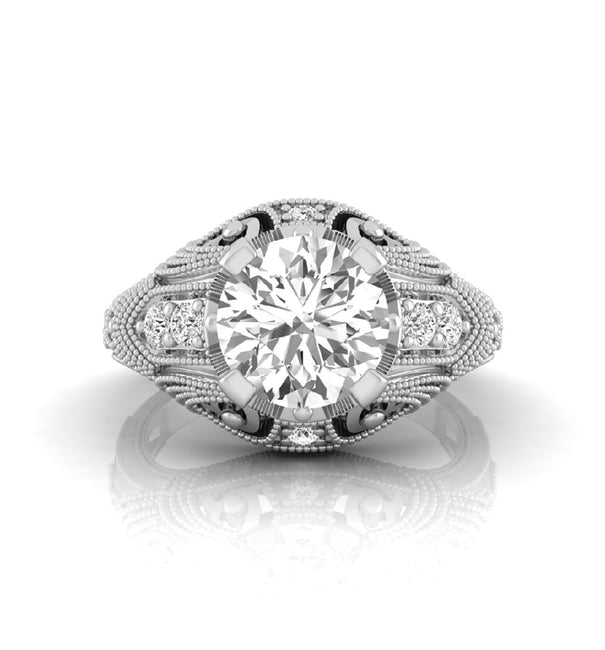 Round Moissanite Milgrain Filigree Art Deco Ring