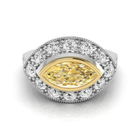 Yellow East West Marquise Cut CZ Stone Bezel Set Halo Ring