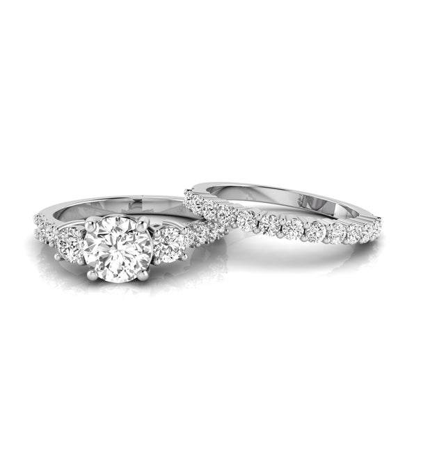 Round Moissanite Three Stone Wedding Ring Set