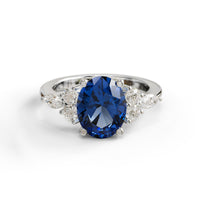 Blue Sapphire Oval With White Marquise & Round CZ Seven Stone Ring For Women