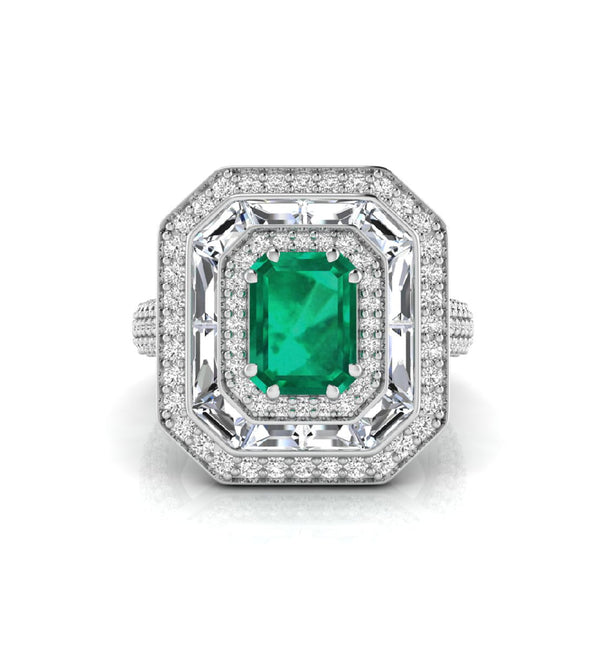 Green Emerald Cut CZ Stone Triple Halo Party Wear Ring