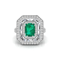 Green Emerald Cut CZ Stone Triple Halo Party Wear Ring