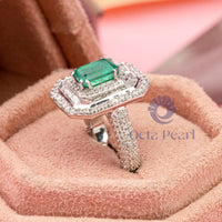 Green Emerald Cut CZ Stone Triple Halo Party Wear Ring