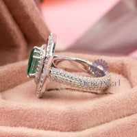 Green Emerald Cut CZ Stone Triple Halo Party Wear Ring