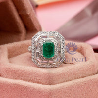 Green Emerald Cut CZ Stone Triple Halo Party Wear Ring