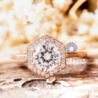 Round Moissanite Hexagon Shape Halo Promise Ring