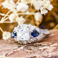 Princess & Pear CZ Three Stone Art Deco Ring