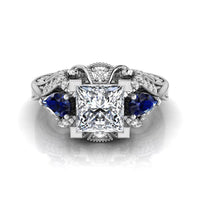 Princess & Pear CZ Three Stone Art Deco Ring