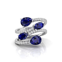 Sapphire Blue Pear & Oval  CZ Stone Bypass Shank Finger Wrap Ring For Women