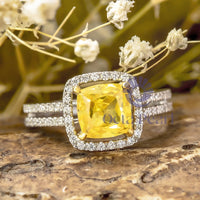 Cushion Cut Yellow CZ Stone Halo Double Band Engagement Ring For Girlfriends