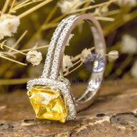 Cushion Cut Yellow CZ Stone Halo Double Band Engagement Ring For Girlfriends