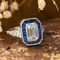 Emerald Cut CZ Stone Bezel Set Halo Victorian Ring